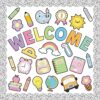 Welcome Back to School Bulletin Board Decorations Composition Notebook Classroom Decor Pastel Colorful School Girl Style First Day of School Board Cutouts Border Trims for Classroom Wall Door Decor