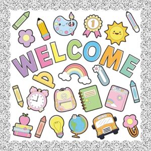 Welcome Back to School Bulletin Board Decorations Composition Notebook Classroom Decor Pastel Colorful School Girl Style First Day of School Board Cutouts Border Trims for Classroom Wall Door Decor