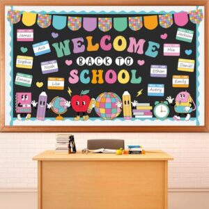 Welcome Back to School Bulletin Board Hippie Retro Classroom Decorations Groovy Stationery Apple Paper Cutouts Colorful Name Tag for Preschool Classroom Home Office Chalkboard Wall Door Decor