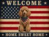 Welcome Home Sweet Home Poodle Dog Wooden Jigsaw Puzzle 500 Pieces for Adults American Flag Background Patriotic Bandana Vintage Americana Style Gift for Dog Lovers Home Decor
