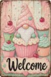 Welcome Sweet Cupcake Gnome Wooden Jigsaw Puzzle 500 Pieces for Adults Pastel Cupcakes Cherries and Sprinkles Whimsical Bakery Art Gift for Baking Lovers Home Decor