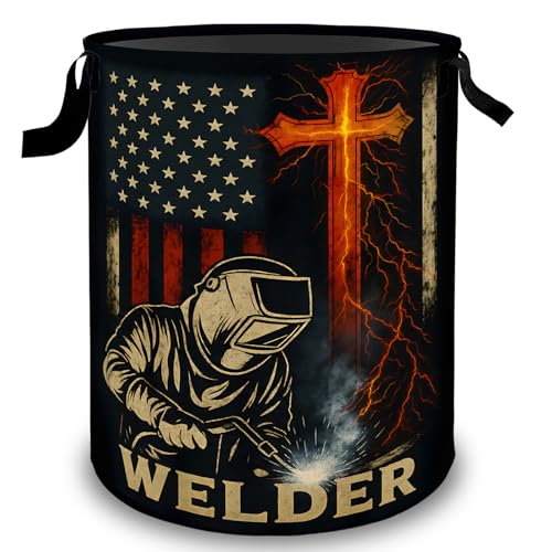Welder Laundry Basket Hamper, Organizer Bins Gifts for Women Kids, American Flag Welding Foldable Waterproof Clothes Hamper Handles Storage Bucket for Bedroom Bathroom Room Decor 19.7"x15.7"
