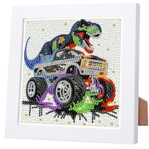 WEMEON Dinosau Diamond Art Kits for Kids with Frame, Diamond Art Painting Kits Ages 6-8-12, Gem Art for Kids, Art and Crafts for Girls Boys Gift (7x7inch)