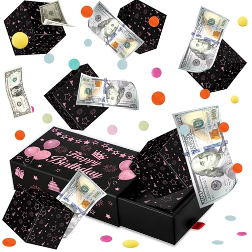 WenmthG Happy Birthday Surprise Gift Box Explosion for Money - DIY Pop Out Folding Bounce Explosion Gift Box with Confetti - Birthday Money Bank - Best Cash Gift Idea for Women Men (Black Pink)
