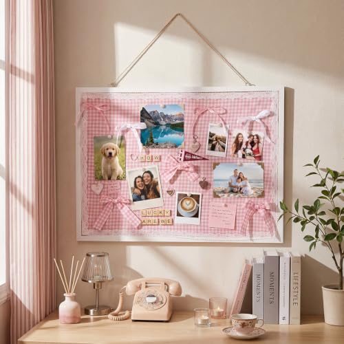 Wenqik 5 Pcs DIY Bulletin Board Kit Includes 24" x 18" Cork Board Gingham Fabric Cotton Lace Trim and Ribbon Hanging Wood Framed Picture Display Vision Boards Kit for School Home Office Decor (Pink)