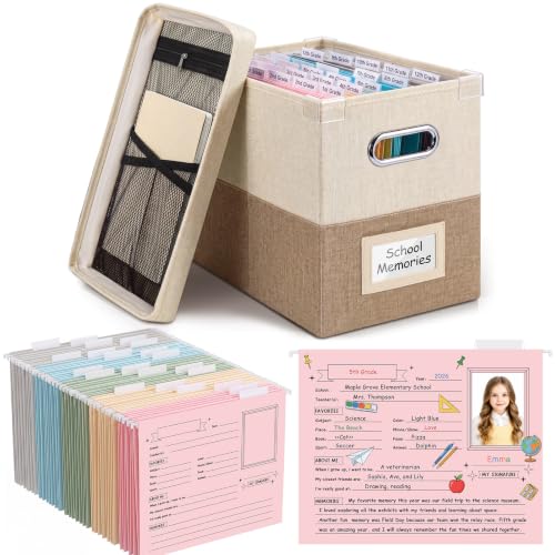 Wenqik School Years Organizer Kit, K-12 Portable File Folder Organizer with Handle Lids, Memory Keepsake Box with 25 Questionnaire Hanging File Folders, Foldable Storage Memory Keeper(Beige)