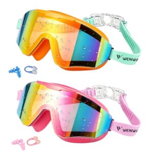 Wenwasno Kids Swim Goggles 2 Pack, Anti-fog UV Protection No Leak 180° Wide View Clear Vision Pool Goggles