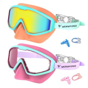 Wenwasno Kids Swim Goggles 2pc with Nose Cover Wide View Diving Mask Anti Fog UV No Leaking Pool Swimming Goggle for Youth 3-14