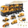WEOLULI Construction Truck Toy Set,Push & Go Storage Carrier Truck with 6 Rolling Mini Engineering Vehicles,8 Traffic Signs, Birthday Gifts for Kids, Boys & Girls Ages 3-10