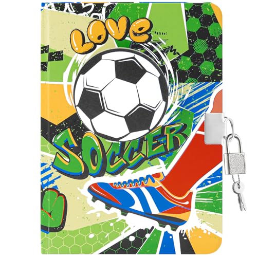 WERNNSAI Luminous Spinning Soccer Kids Diary for Boys, Secret Diary with Lock and Keys, Kids Journal Notebook Birthday Christmas Gift for 6 7 8-12 Year Old Boy, School A5 Lined Writing Drawing Notepad