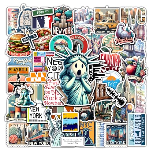 WESILY Pack 50 PCS Iconic New York State Stickers USA Themed America Vacation Travel Waterproof Vinyl Decals Gouache Style for Laptop Suitcase Scrapbooking Journals Water Bottles