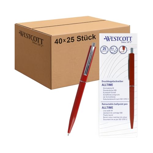 Westcott Alltime E-737449 00 Ballpoint Pen Red Pack of 25 (Pack of 40) | Large Pack of Retractable Ballpoint Pens with Red Ink | Line Width M, X20 | Permanent ISO 12757-2 | Sturdy Metal Clip |