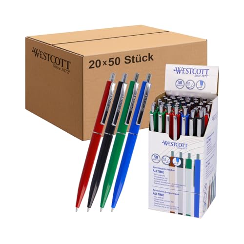 Westcott Alltime Mix Ballpoint Pens Pack of 50 (Pack of 20) | Large Pack of Retractable Ballpoint Pens with Blue Ink | Line Width M, X20 | Permanent ISO 12757-2 | Sturdy Metal Clip | E-737487 00