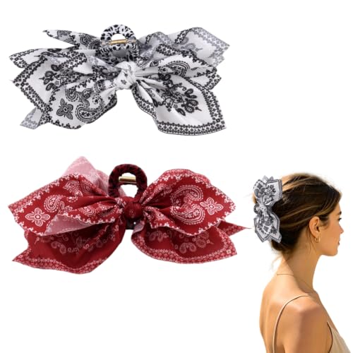 Western Boho Bow Claw Clips for Women White Red Bandana Hair Claw Clip Bowknot Hair Clips for Girls Halloween Retro Bows Hair Jaw Clip for Women Silk Bandana Bow Clawclip 4th of July Accessory 2PCS