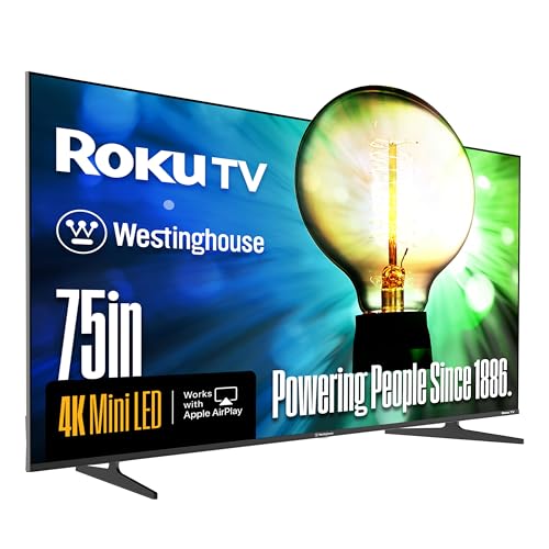 Westinghouse 75 Inch Mini LED 4K UHD Roku Smart TV Max, Native 144Hz Refresh Rate, VRR & ALLM Gaming, QLED Quantum Color, Dolby Vision HDR, Local Dimming, MEMC Motion, Apple AirPlay 2 & HomeKit