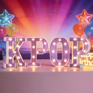 Wettal 4 Pcs Kpop Birthday Decorations Purple 8.6 Inch Kpop LED Letter Lights Pop Prom Party Supplies Music Theme Anniversary for Character Fans Super Singer Birthday Decorations for Wall Shelf Table