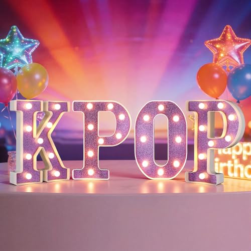 Wettal 4 Pcs Kpop Birthday Decorations Purple 8.6 Inch Kpop LED Letter Lights Pop Prom Party Supplies Music Theme Anniversary for Character Fans Super Singer Birthday Decorations for Wall Shelf Table