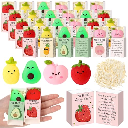 Wettarn 24 Sets Appreciation Fruit Gifts Cute Stress Balls with Support Gift Boxes Inspirational Party Favors for Employee Coworker Friends Office Positive Relief Toys