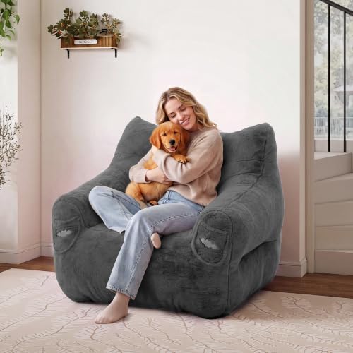 WEUP Bean Bag Chair, Oversized Comfy Bean Bag Sofa with Back Support, Faux Fur Accent Chair for Adults and Kids,Lounge Lazy Floor Sofa for Living Room, Bedroom, Apartment,Grey