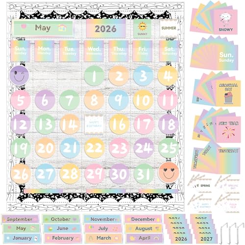 Weysat 128 Pcs Pastel Classroom Calendar Pocket Chart Set Pastel Calendar Bulletin Board with Pocket Bulletin Board Season Festival Weather Date Chart for Preschool Elementary School Teacher Supplies
