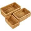Whalehub Natural Rectangular Rattan Storage Baskets (Set of 3), Hand Woven Food and Fruit Serving Baskets, Wicker Organizer for Living Room, Bedroom, Kitchen