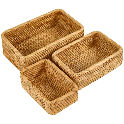 Whalehub Natural Rectangular Rattan Storage Baskets (Set of 3), Hand Woven Food and Fruit Serving Baskets, Wicker Organizer for Living Room, Bedroom, Kitchen