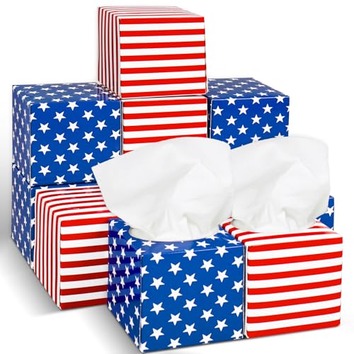 Whaline 12Pcs Patriotic Facial Tissues Cube Boxes Stars Stripes Square Tissue Box Cover with 600 Sheets 3 Ply Napkins for 250th Anniversary 4th of July Independence Day Home Car Accessories