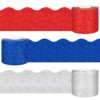 Whaline 196.9 Ft Patriotic Bulletin Board Borders 3 Rolls Red Blue Silver Die Cut Border Trim for 4th of July Independence Day Memorial Day Classroom School Office Chalkboard Decor