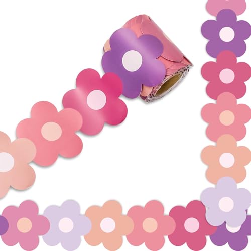 Whaline 32.8ft Preppy Hippie Flower Bulletin Board Borders Y2K Pink Purple Flower Die-Cut Rolled Bulletin Board Trim for School Classroom Office Decor