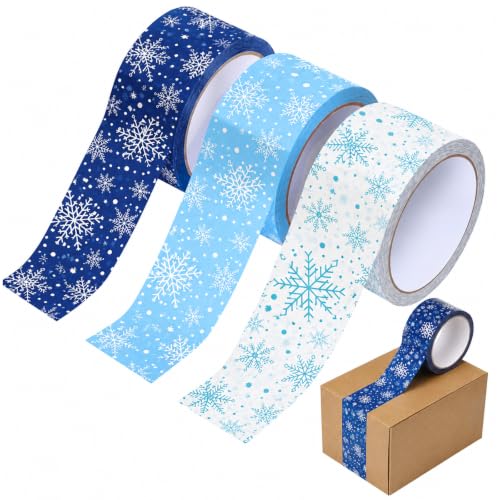 Whaline 3 Rolls Winter Packing Tapes Blue White Snowflake Decorative Sticky Shipping Tapes for Christmas Xmas Holiday Party Gift Wrapping Mail Boxes Sealing DIY Crafts, 150 Yard