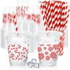 Whaline 50Pcs Christmas Plastic Cup with Lid Straw, Red Candy Cane, 16 Oz