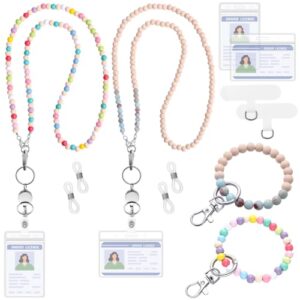 Whimsibelle 4 Set Teacher Lanyards for ID Badges Wooden Beaded Lanyard with ID Holder Retractable Badge Reel Eyeglass Chains Durable Phone Wrist Strap Back to School Gifts for Teachers