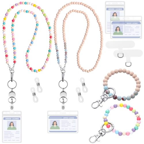 Whimsibelle 4 Set Teacher Lanyards for ID Badges Wooden Beaded Lanyard with ID Holder Retractable Badge Reel Eyeglass Chains Durable Phone Wrist Strap Back to School Gifts for Teachers