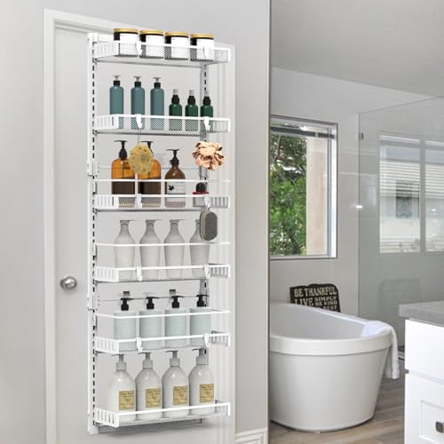 White 6-Tier Over-The-Door Pantry Organizer – Heavy-Duty Metal Door Spice Rack, 10lb Capacity Hanging Storage Shelf for Kitchen, Bathroom, White Door Storage Rack, Pantry Shelf Organizer
