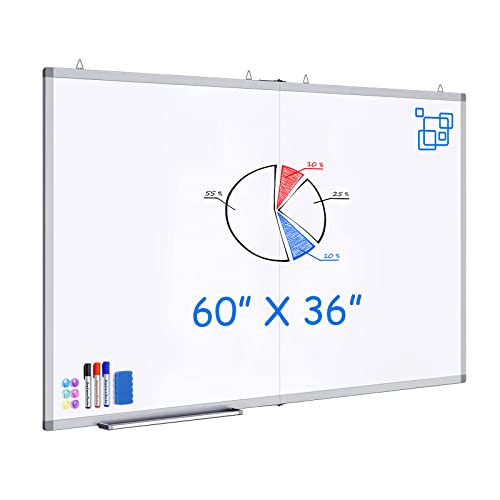 White Board Dry Erase 60 x 36,maxtek Large Magnetic Whiteboard 5' X 3' Dry Erase Board Foldable with Long Marker Tray for Wall-Mounted Aluminum Memo Board Supplies for Class Office & Home