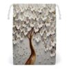 White Flowers Golden Tree Canvas Drawstring Bag, Reusable Storage Pouch for Travel Organizer 8.9"x7.9"