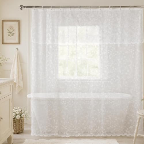 White Lace Shower Curtain Sheer Vintage Floral Shabby Chic Bathroom Decor