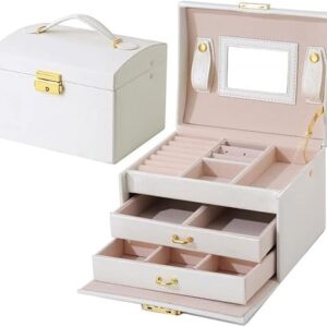 White PU Leather Jewelry Box with Lock, Portable Travel Case for Rings Earrings. Velvet Lined Organizer with Handle & Drawers, Secure Storage Container for Women