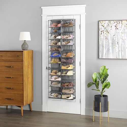 Whitmor Over The Door Shoe Organizer, 26 Pocket Over Door Shoe Shelves, Space Saving Hanging Shoe Organizer, Door Shoe Rack for Closet Organizer & Storage,63" L x 22" W x 6" H, Transparent & Gray