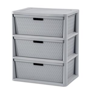 Wide 3-Drawer Plastic Storage Tower, Cross-Weave Decorative Organizer Chest Made of Plastic with Removable Bins and Easy-Pull Handles for Closet, Bedroom, Dorm, and Office, Gray