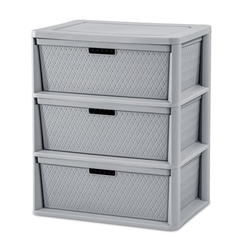 Wide 3-Drawer Plastic Storage Tower, Cross-Weave Decorative Organizer Chest Made of Plastic with Removable Bins and Easy-Pull Handles for Closet, Bedroom, Dorm, and Office, Gray