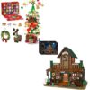 Wild West Tavern ＆ Advent Calendar 2025 Christmas Tree Building Set，2 Packs Building Blocks with LED Light for Home Decor, Ideal Gifts for Teen Boys Girls