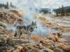 Wild Wolf Standing in Yellowstone Geothermal Landscape Oil Painting Wooden Jigsaw Puzzle 1000 Pieces for Adults Nature Wildlife Home Decor Animal Lover Gift