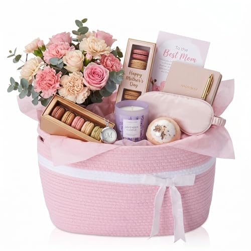 Willinglong 1 Pack Large Woven Baskets for Storage with Handle, Cotton Rope Organizer with Velvet Bow, Decorative Basket for Nursery, Closet & Gift Basket, 15 x 10 x 9 Inch (Pink)