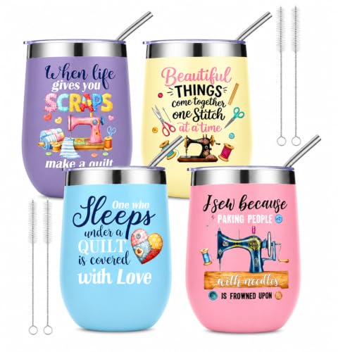 Willinglong 4 Pcs Sewing Coffee Tumblers for Women Girls Mother 12 oz Double Walled Stainless Steel Mug with Straw Inspiration Gifts for Quilting Lovers Seamstress Birthday Party Travel