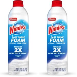 Windex Fast Shine Foam Glass Cleaner, No-Drip Windows, Doors, Mirrors & Countertops Aerosol Cleaning Spray, Streak-Free Shine, Removes Fingerprints, Dust, Dirt, Grime & More 19 oz (Pack of 2)