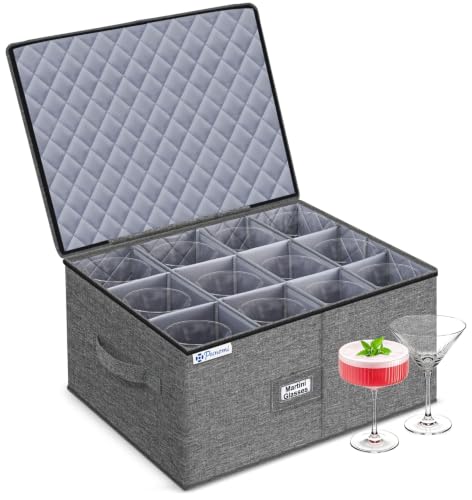 Wine Glass Storage Box for Martini, 5" Wide Cell Hard Shell China Storage Containers with Dividers, Stackable Stemware Storage Holder for Glassware, Margarita, Goblets & Brandy Snifters, Grey