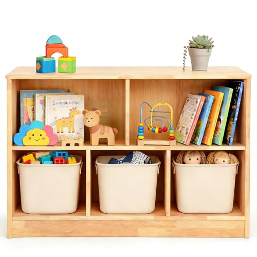 WINGYZ Rubber Wood Montessori Bookshelf, 5-Section Wooden Storage Cabinet, 2 Shelf Bookcase Toy Storage Organizer, 35.4" L Montessori Shelf for Kids Rooms Playroom Nursery Classroom Daycare Furniture