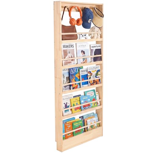 WINGYZ Wooden Kids Bookshelf, Wall Mount Shelf with Hooks, Behind-The-Door Organizer for Toys and Books,Space-Saving Suitable for Bedroom, Living Room, and Kids Playroom(Nature)