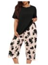 winkbay Women's Plus Size 2 Piece Pajama Set Summer Short Sleeve T Shirt and Floral Capri Pants Loungewear Black X-Large Plus